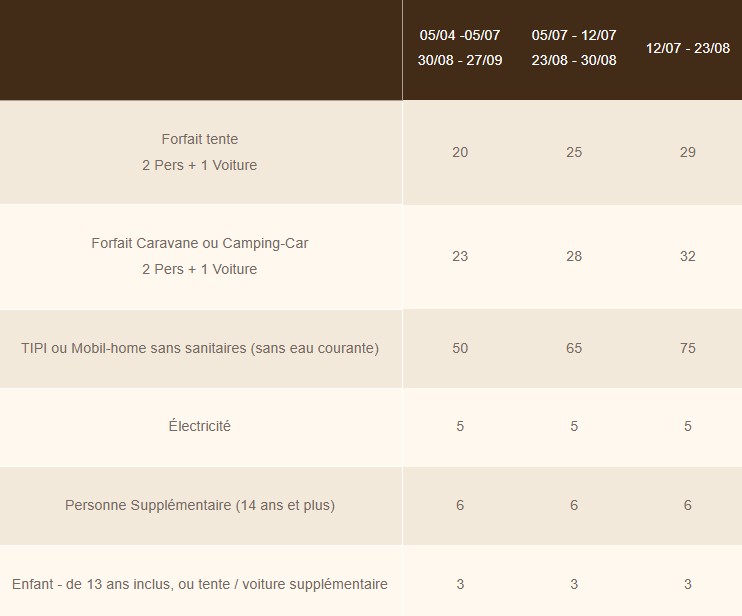 tableau tarif le bois de pins